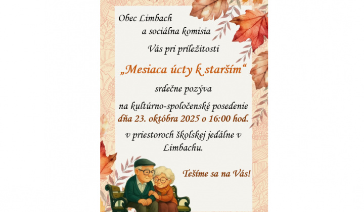 Fotka - Pozvánka na posedenie pre seniorov dňa 23.10.2025 o 16:00 hod.