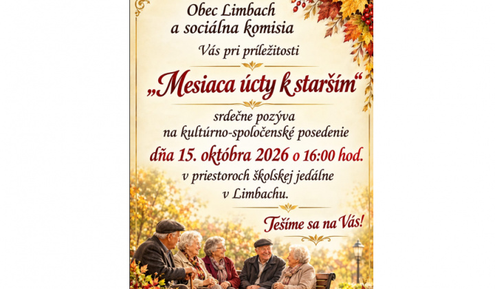 Fotka - Pozvánka na posedenie pre seniorov dňa 15.10.2026 o 16:00 hod.